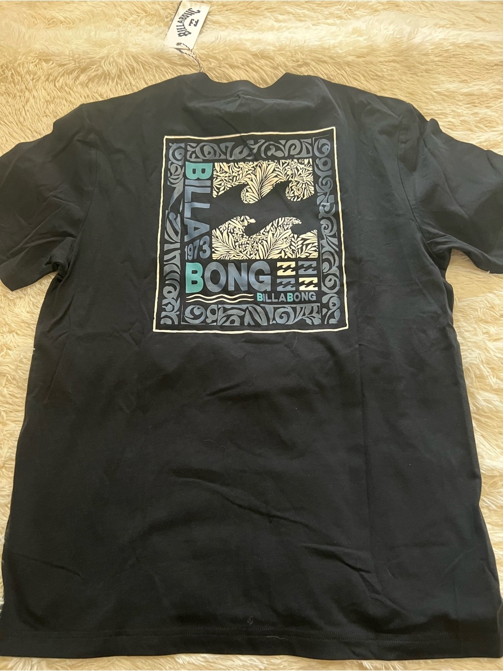 Billabong Black Short Sleeve Tee with Blue and Cream Graphic